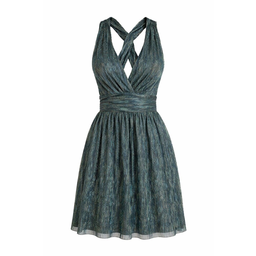 Lulus Metallic Gathered Halter Dress Small Teal Blue Green Shimmer Cocktail